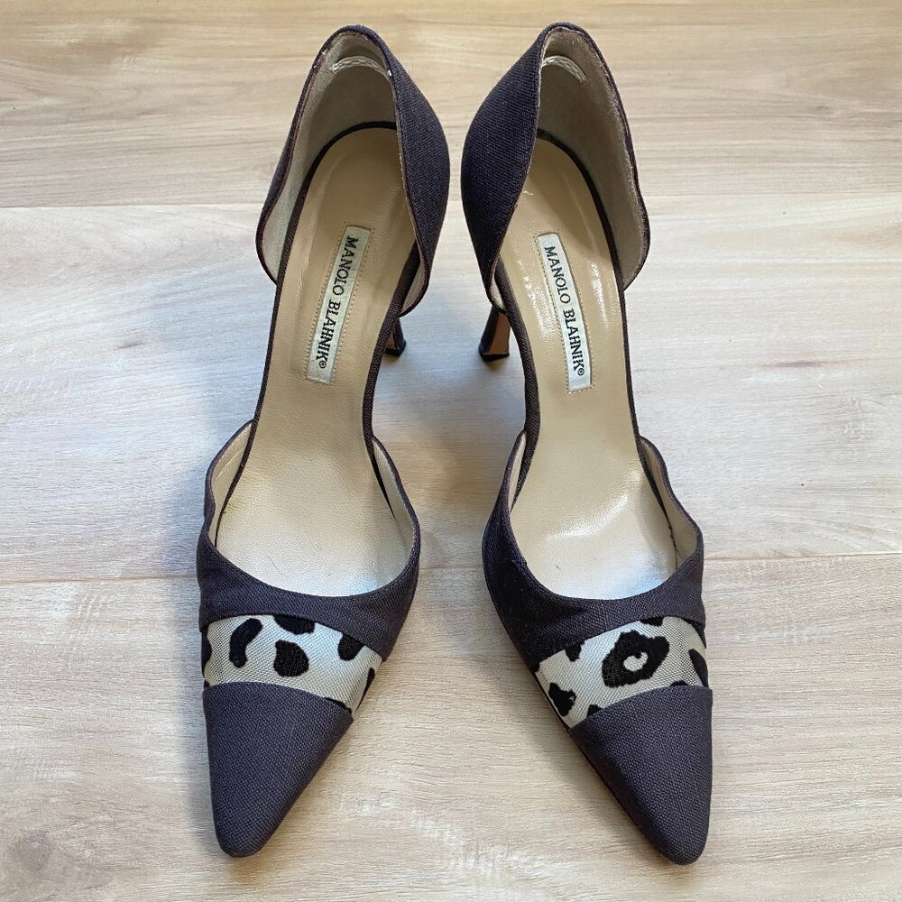 Manolo Blahnik D'orsay Brown Linen Leopard Accent Pumps Pointed Toe Sz 39 / US 9